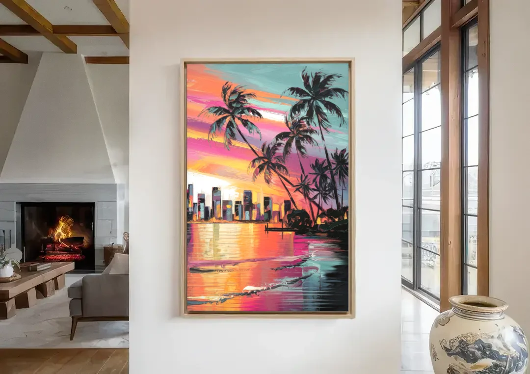 Miami Palm Trees and Sunset canvas wall art in a living room with a fireplace