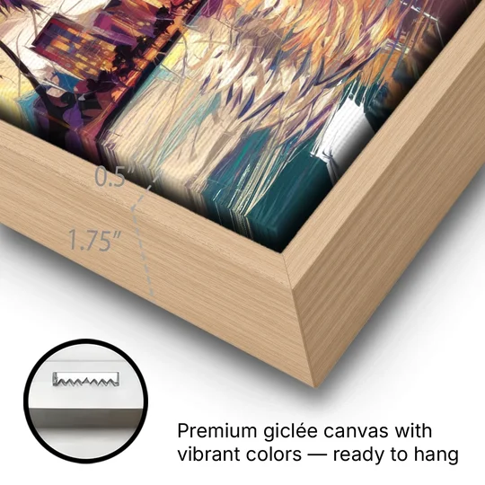 Miami Skyline At Sunset - Oak Framed Canvas Wall Art - Gallery Wrap Corner