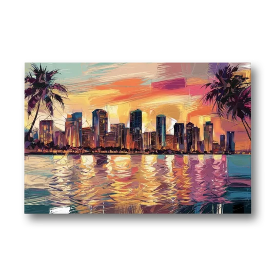 Miami Skyline At Sunset - Canvas Wall Art - Front