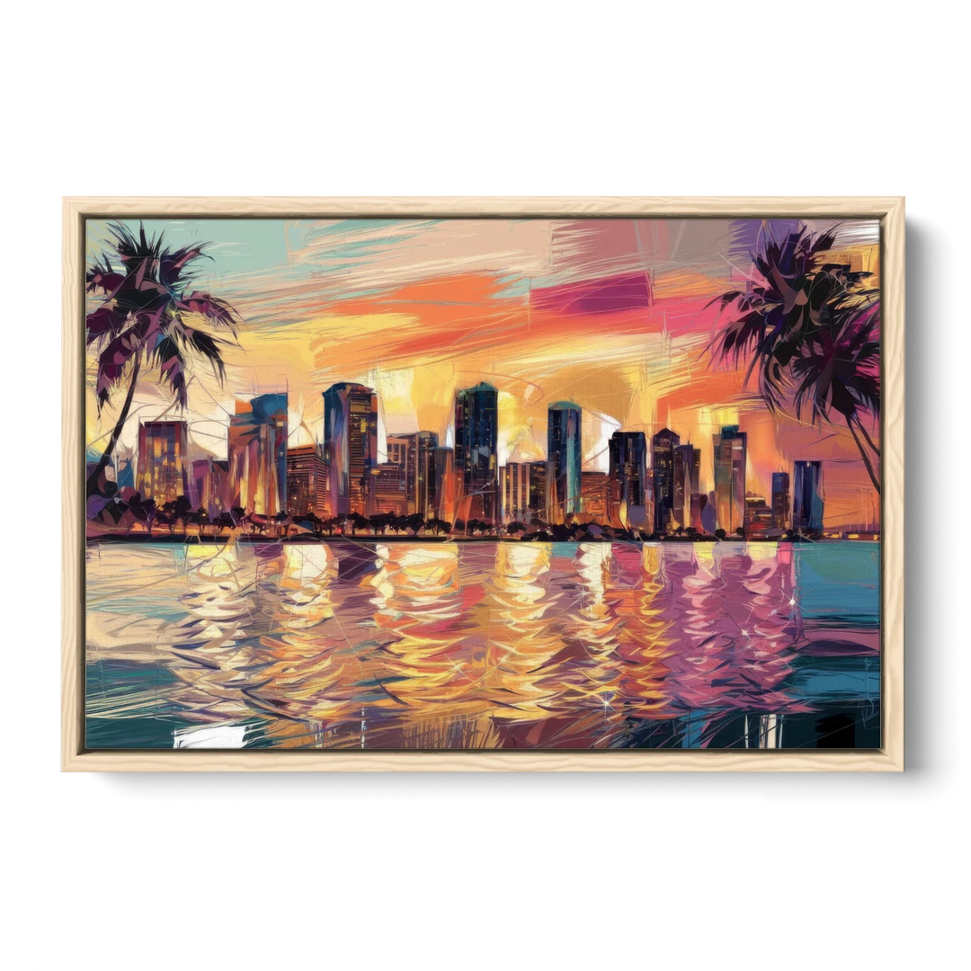 Miami Skyline At Sunset - Oak Framed Canvas Wall Art - Front