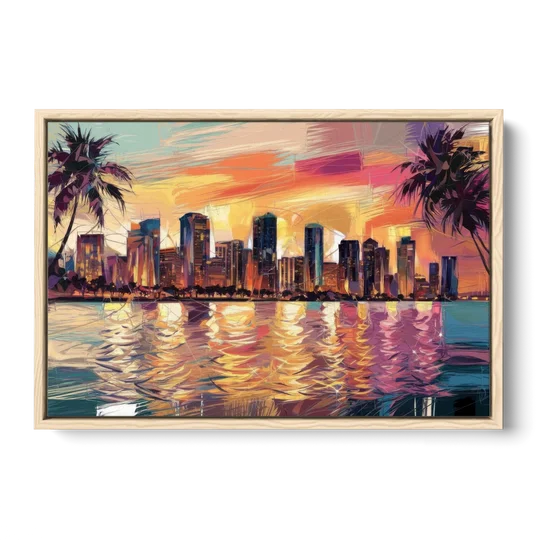Miami Skyline At Sunset - Oak Framed Canvas Wall Art - Front