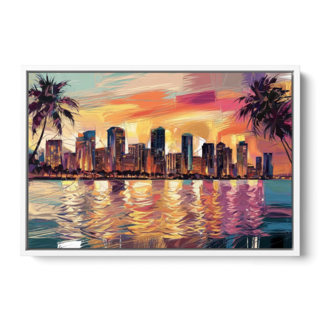 Miami Skyline At Sunset - White Framed Canvas Wall Art - Front