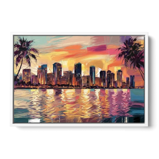 Miami Skyline At Sunset - White Framed Canvas Wall Art - Front