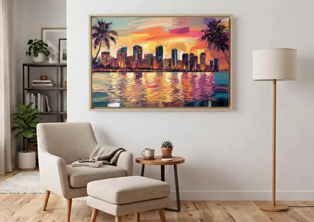 Miami Skyline At Sunset canvas wall art above an armchair in a bright living room