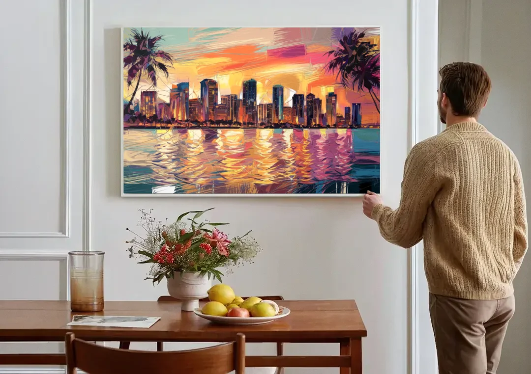 Miami Skyline At Sunset canvas wall art above a dining table
