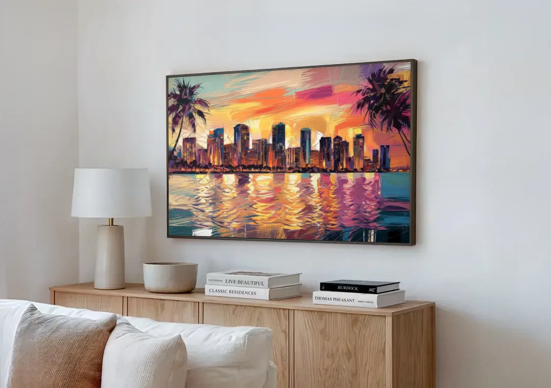 Miami Skyline At Sunset canvas wall art above a wooden sideboard next to a sofa