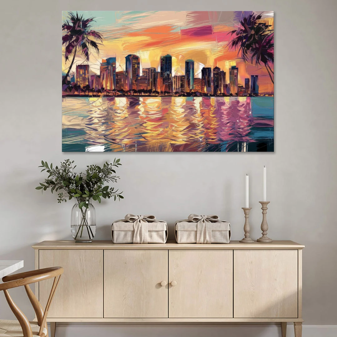 Miami Skyline At Sunset - Canvas Wall Art - Coffee Table - 60x40