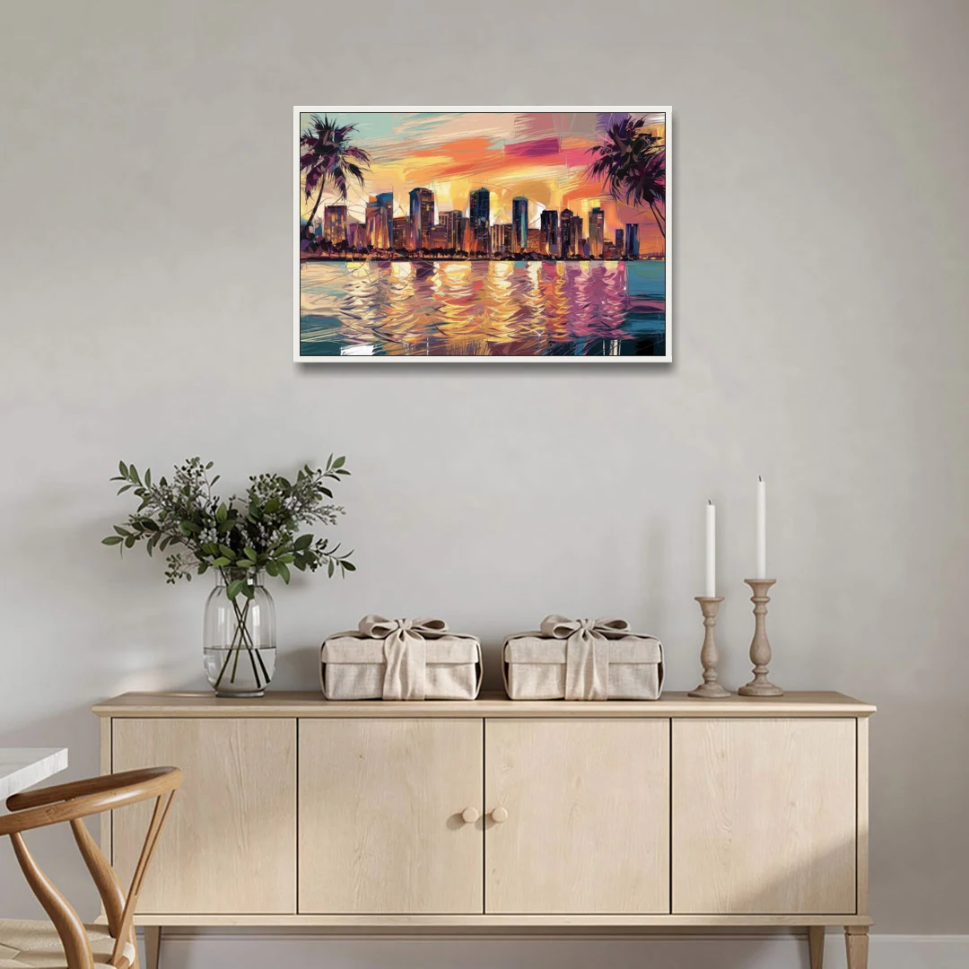 Miami Skyline At Sunset - White Framed Canvas Wall Art - Coffee Table - 36x24