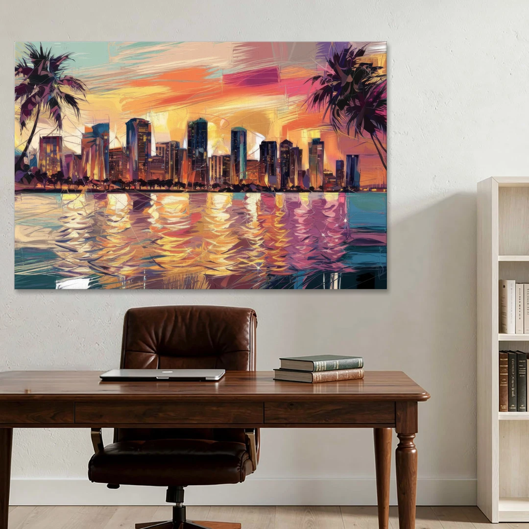 Miami Skyline At Sunset - Canvas Wall Art - Office - 60x40