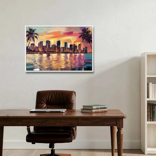 Miami Skyline At Sunset - White Framed Canvas Wall Art - Office - 36x24