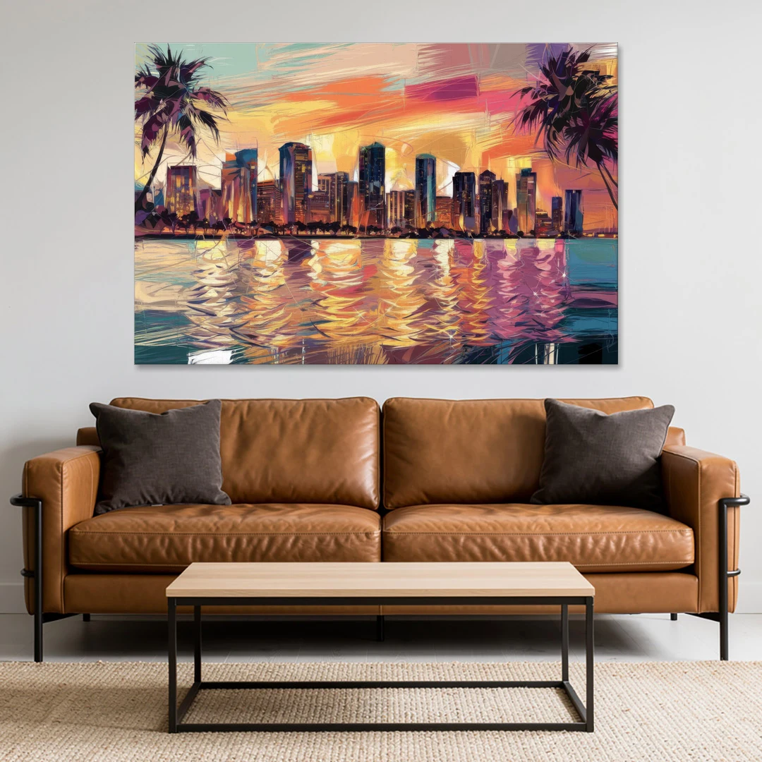 Miami Skyline At Sunset - Canvas Wall Art - Sofa - 60x40