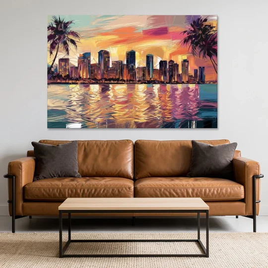 Miami Skyline At Sunset - Canvas Wall Art - Sofa - 60x40
