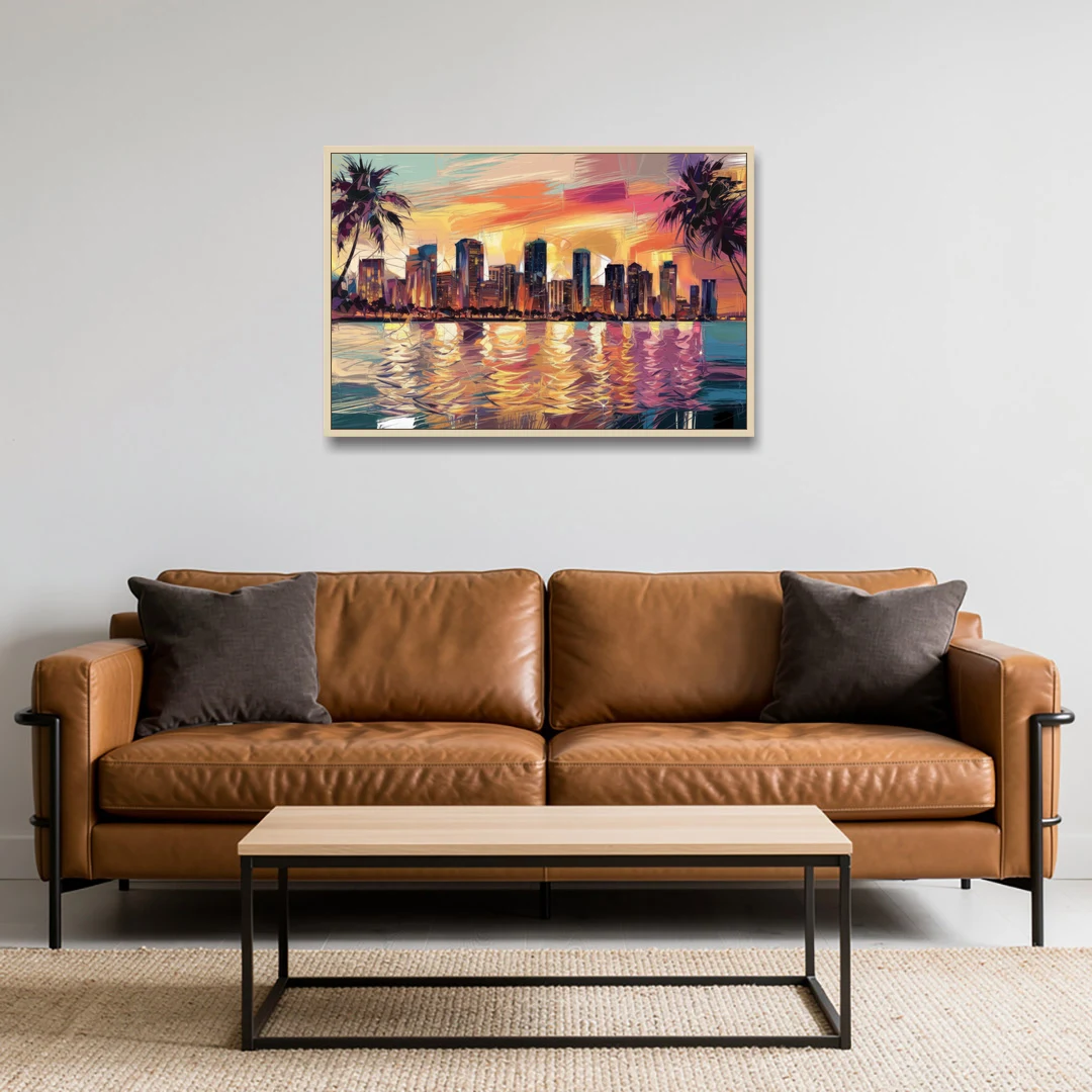 Miami Skyline At Sunset - Oak Framed Canvas Wall Art - Sofa - 36x24
