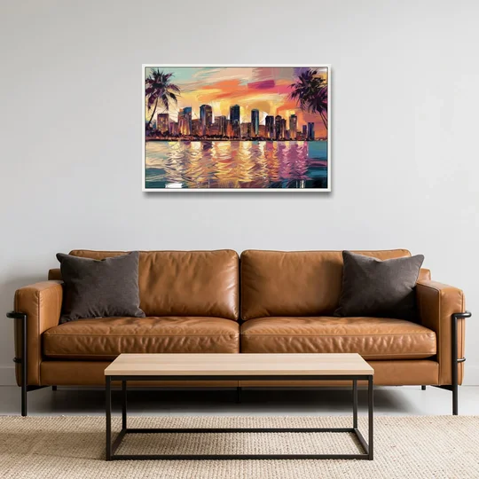 Miami Skyline At Sunset - White Framed Canvas Wall Art - Sofa - 36x24