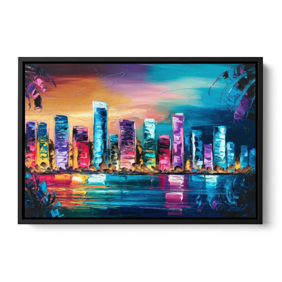 Miami Skyline Reflection - Black Framed Canvas Wall Art - Front