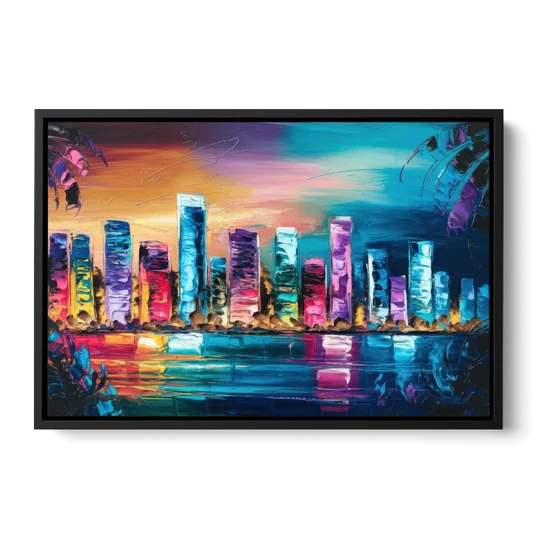 Miami Skyline Reflection - Black Framed Canvas Wall Art - Front