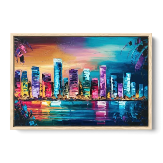 Miami Skyline Reflection - Oak Framed Canvas Wall Art - Front