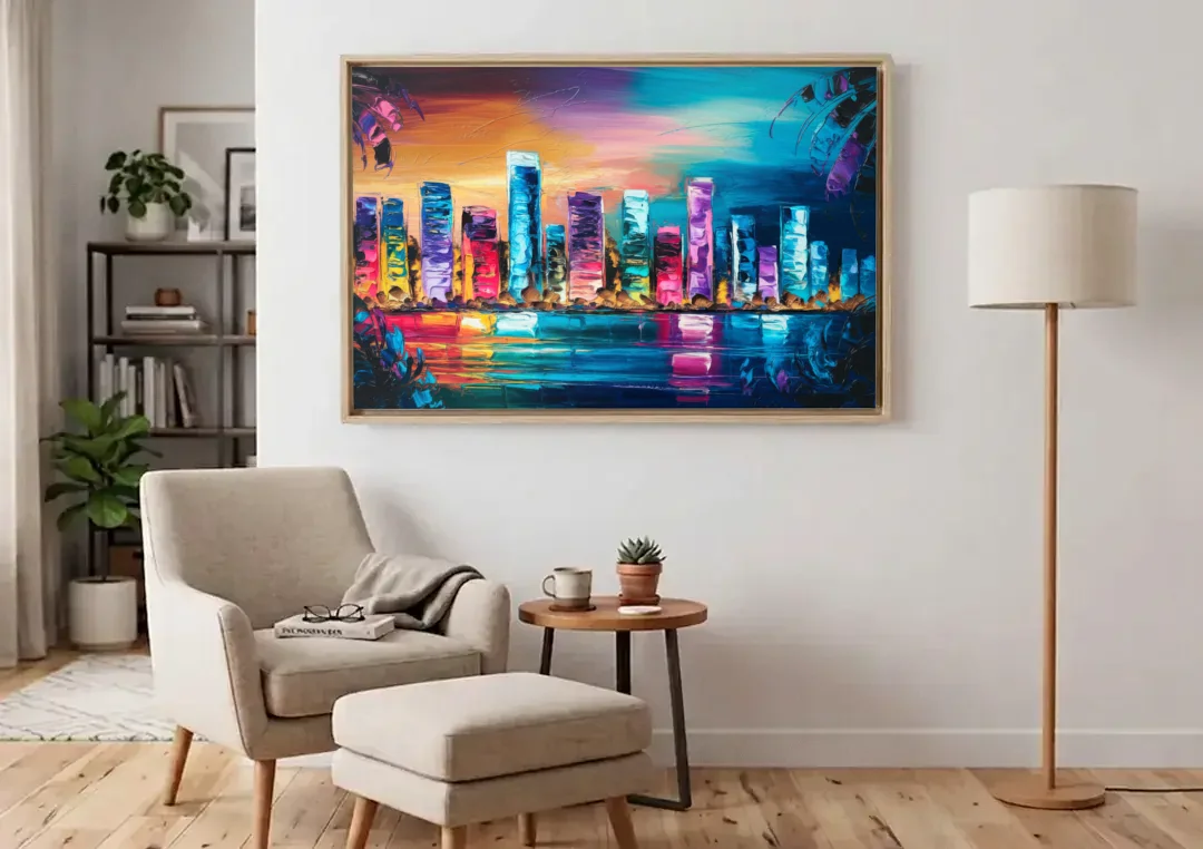 Miami Skyline Reflection canvas wall art above an armchair in a bright living room