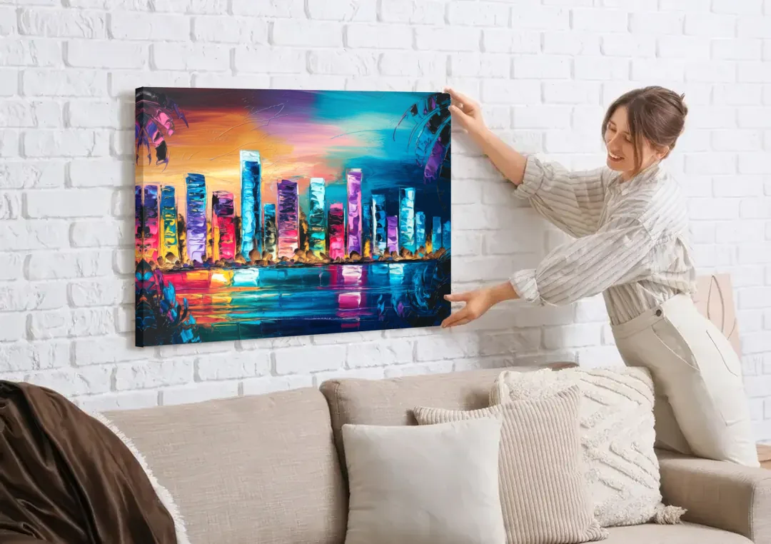 Miami Skyline Reflection canvas wall art being hung on a white brick wall above a sofa