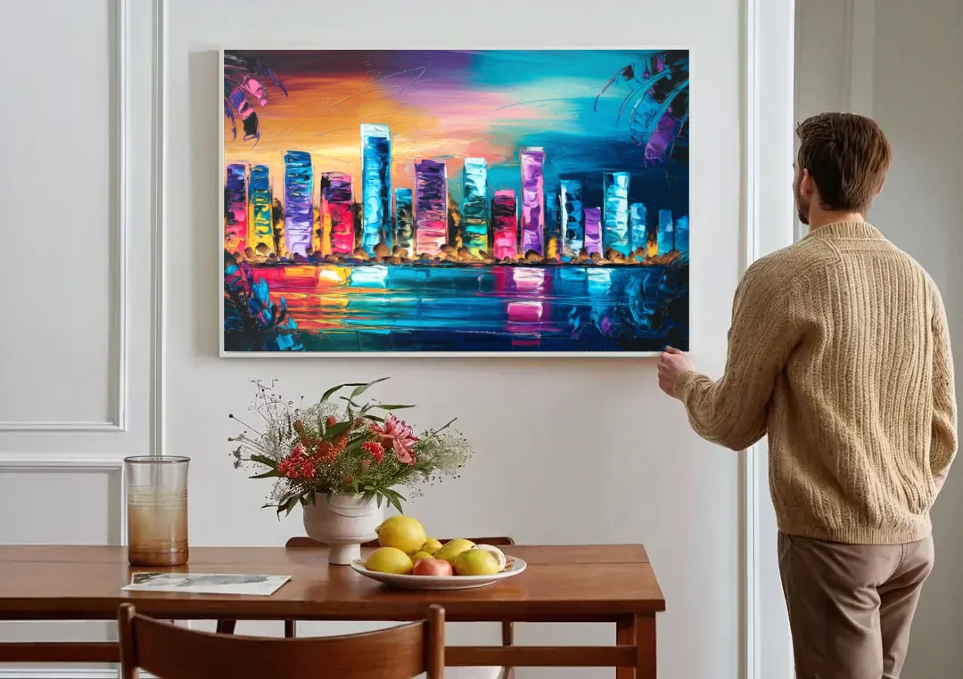 Miami Skyline Reflection canvas wall art above a dining table