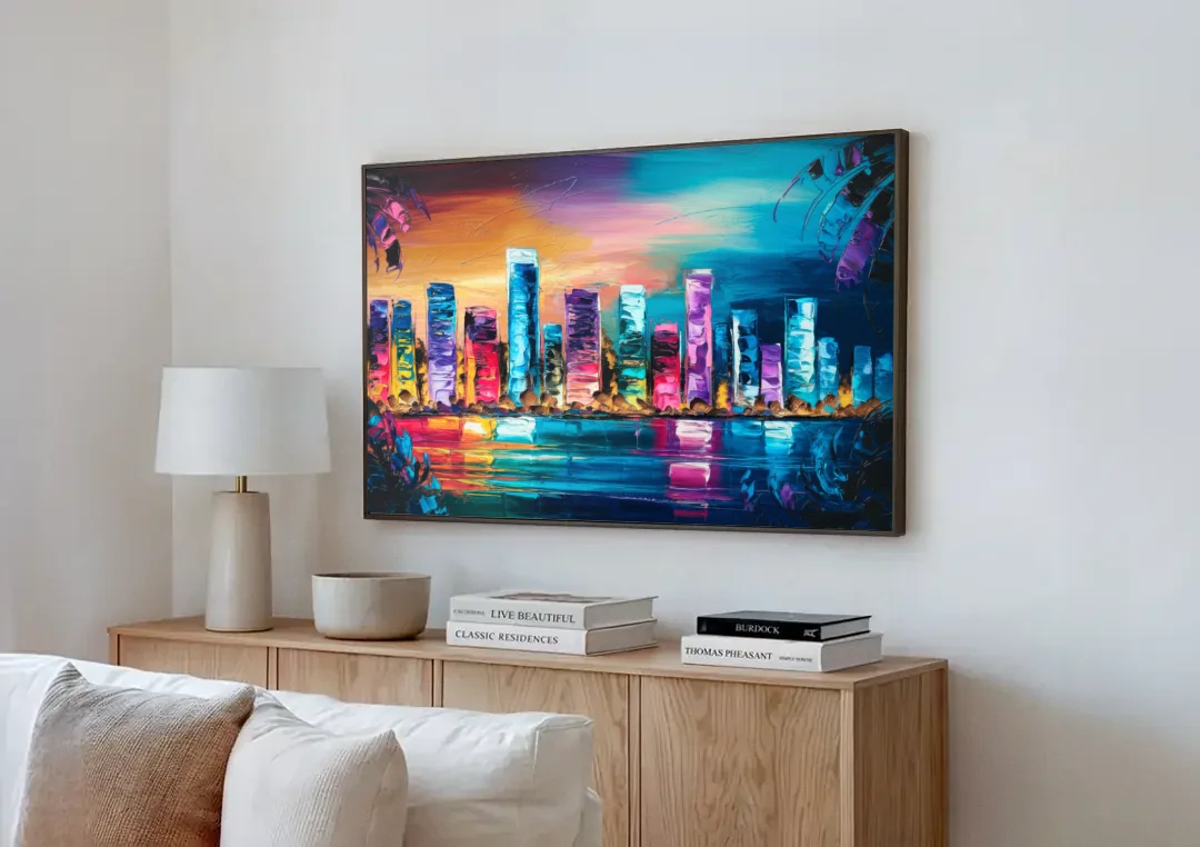 Miami Skyline Reflection canvas wall art above a wooden sideboard next to a sofa