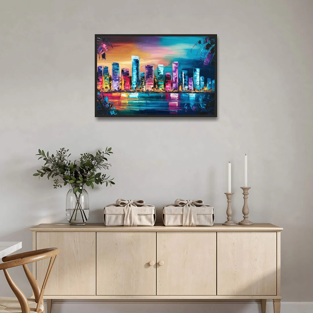 Miami Skyline Reflection - Black Framed Canvas Wall Art - Coffee Table - 36x24