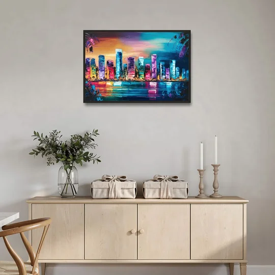 Miami Skyline Reflection - Black Framed Canvas Wall Art - Coffee Table - 36x24