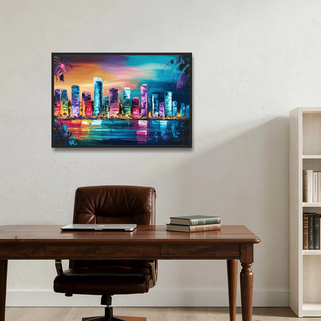 Miami Skyline Reflection - Black Framed Canvas Wall Art - Office - 36x24