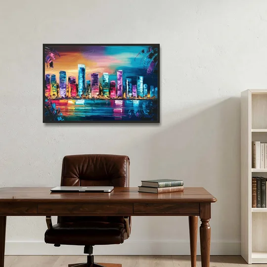 Miami Skyline Reflection - Black Framed Canvas Wall Art - Office - 36x24