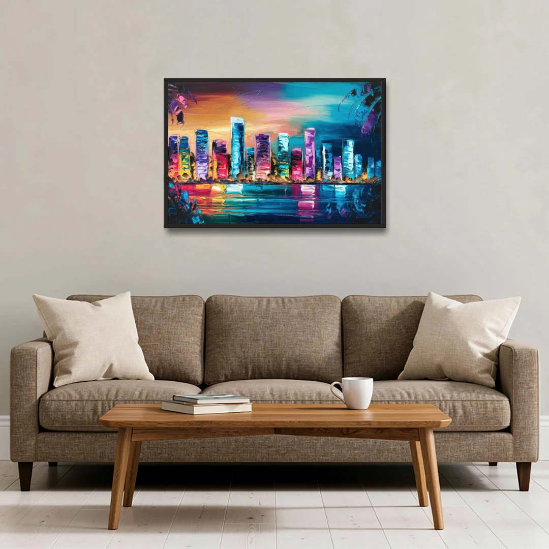 Miami Skyline Reflection - Black Framed Canvas Wall Art - Sofa - 36x24