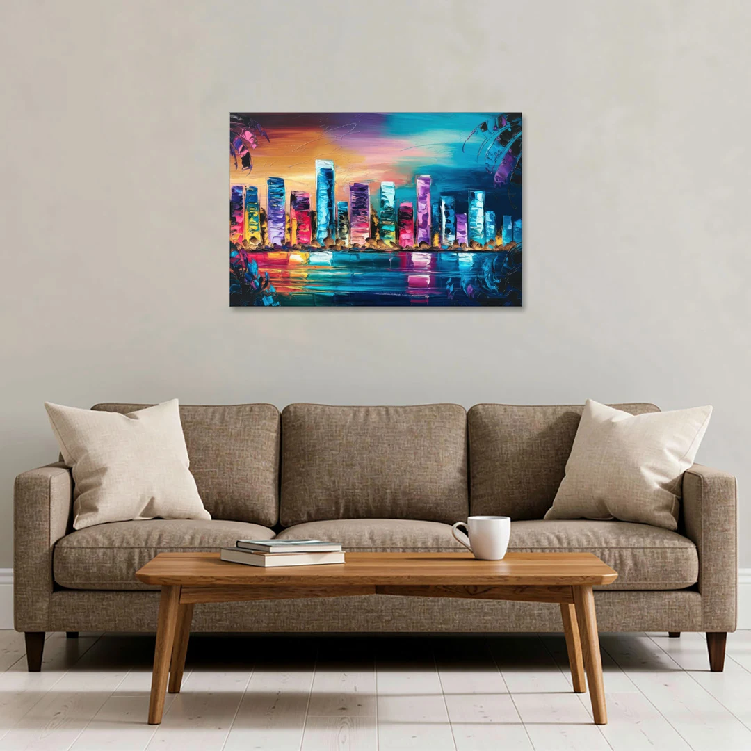 Miami Skyline Reflection - Canvas Wall Art - Sofa - 36x24
