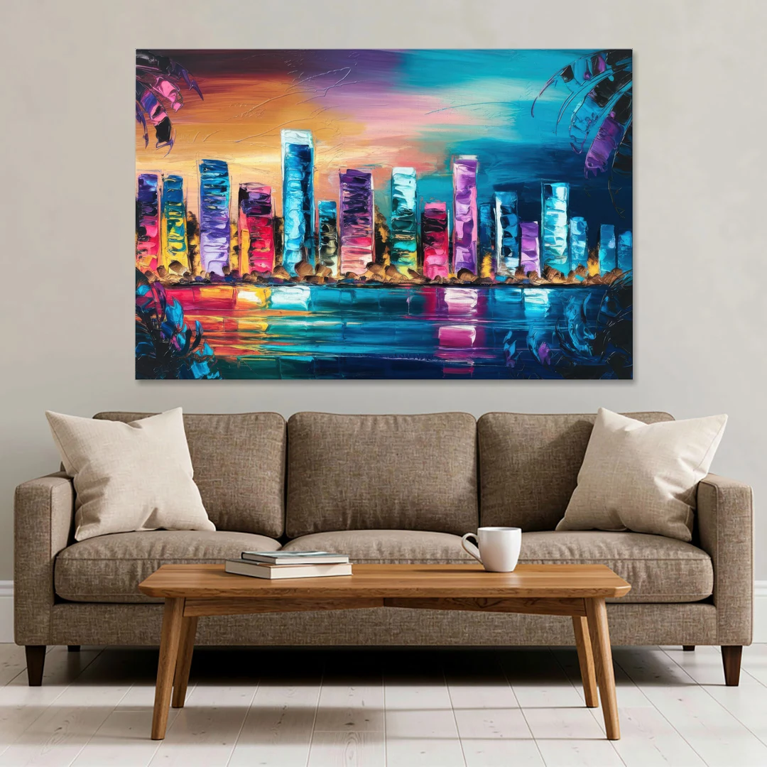 Miami Skyline Reflection - Canvas Wall Art - Sofa - 60x40