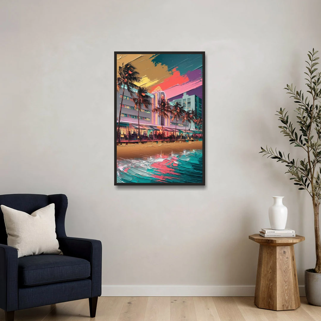 Miami South Beach Charm - Black Framed Canvas Wall Art - Sofa - 24x36