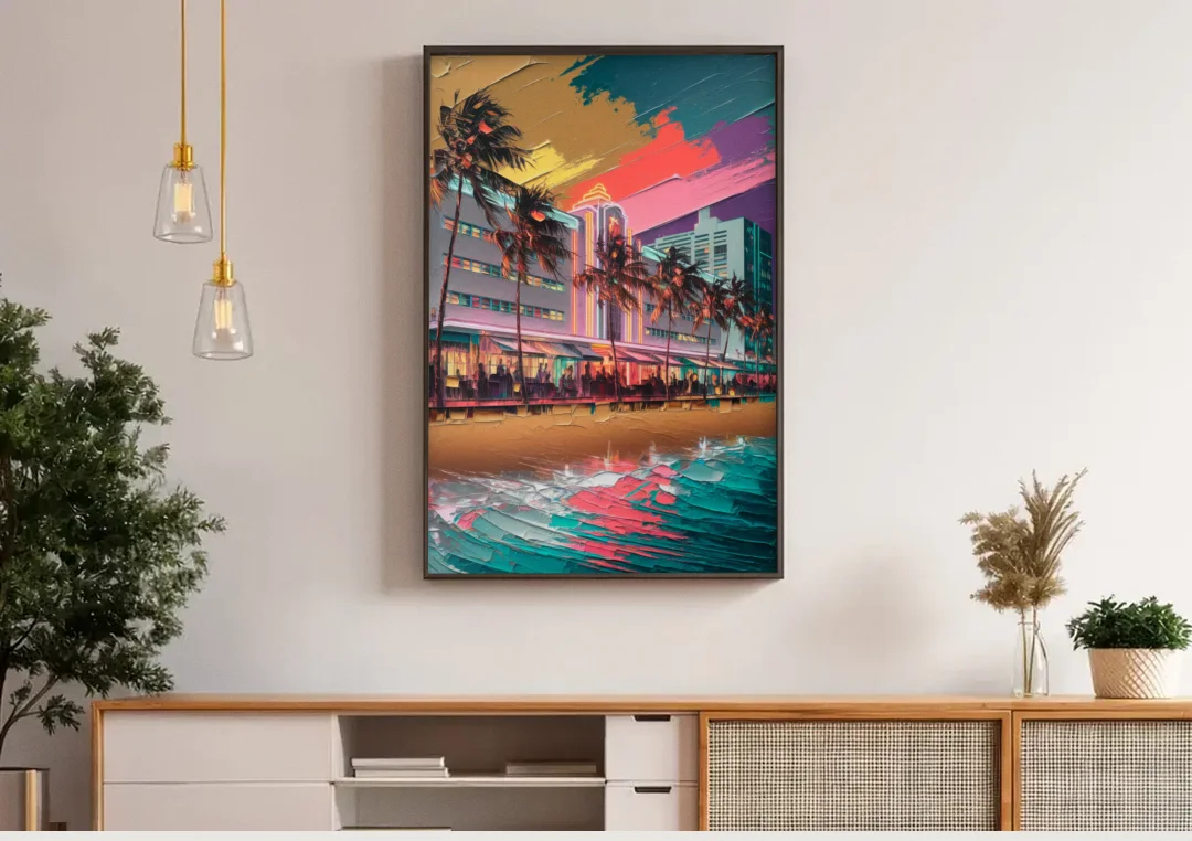 Miami South Beach Charm canvas wall art above a wooden sideboard under pendant lights