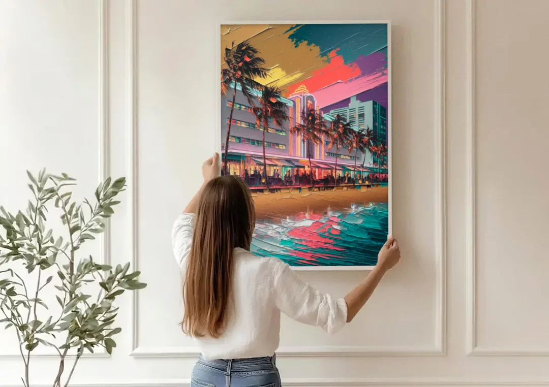 Miami South Beach Charm canvas wall art being hung on a paneled wall