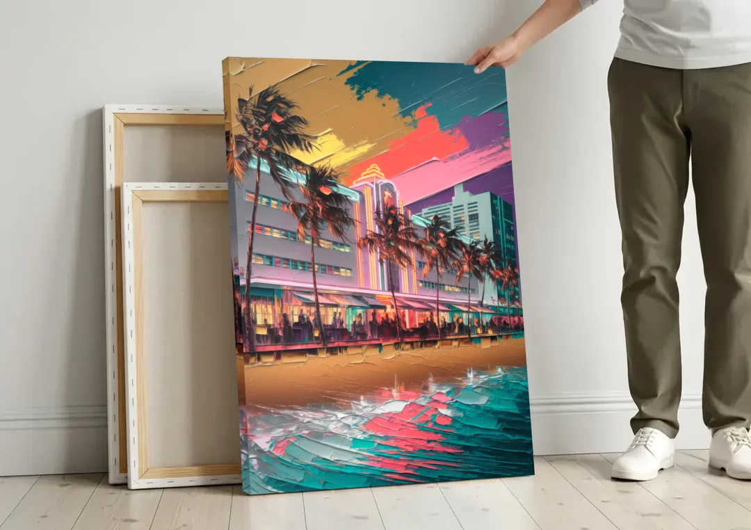 Miami South Beach Charm canvas wall art leaning against a wall next to blank canvases