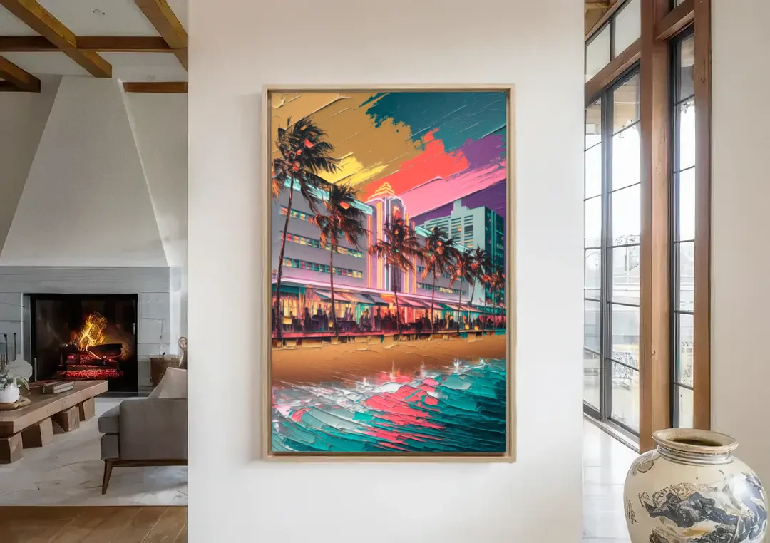 Miami South Beach Charm canvas wall art in a living room with a fireplace