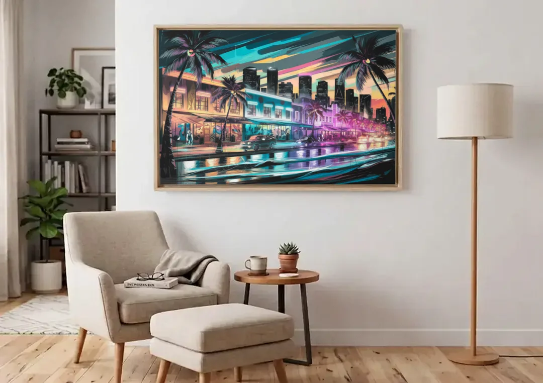 Miami Street Art Culture canvas wall art above an armchair in a bright living room