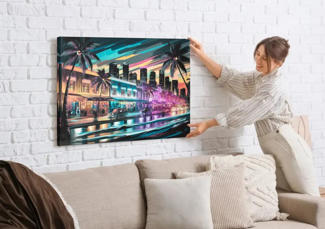 Miami Street Art Culture canvas wall art being hung on a white brick wall above a sofa