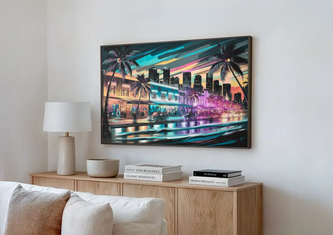 Miami Street Art Culture canvas wall art above a wooden sideboard next to a sofa