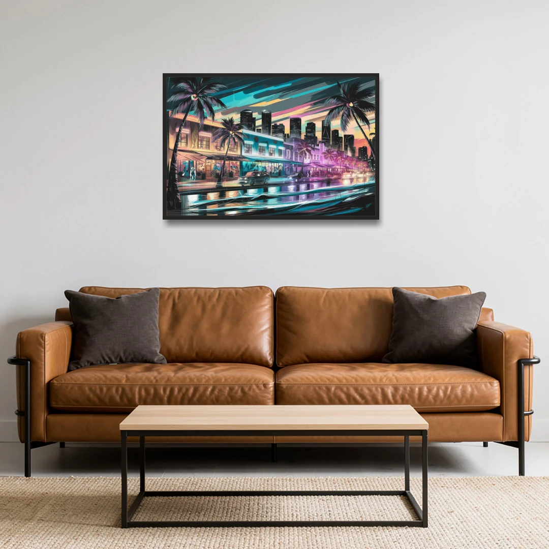 Miami Street Art Culture - Black Framed Canvas Wall Art - Sofa - 36x24