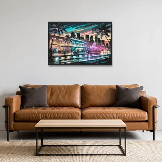 Miami Street Art Culture - Black Framed Canvas Wall Art - Sofa - 36x24
