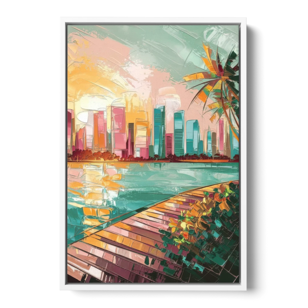 Miami Sunrise Over Water - White Framed Canvas Wall Art - Front