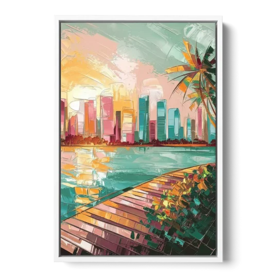 Miami Sunrise Over Water - White Framed Canvas Wall Art - Front