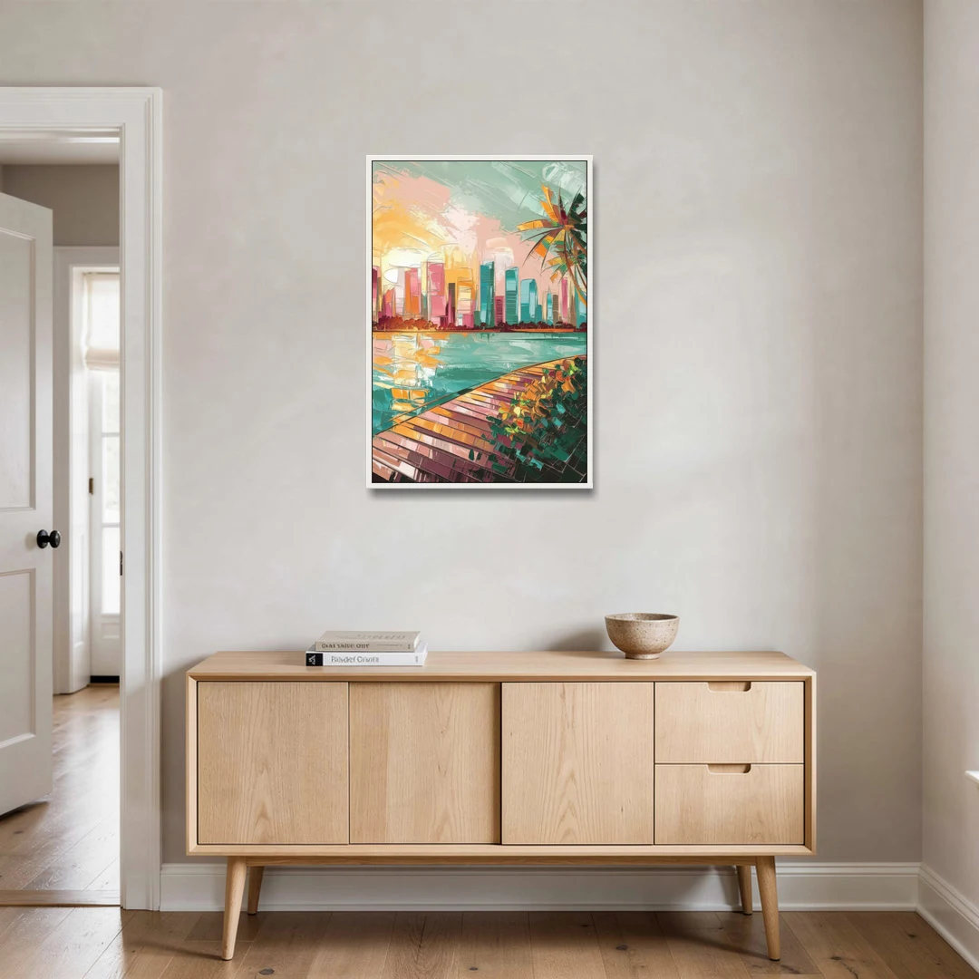 Miami Sunrise Over Water - White Framed Canvas Wall Art - Coffee Table - 24x36
