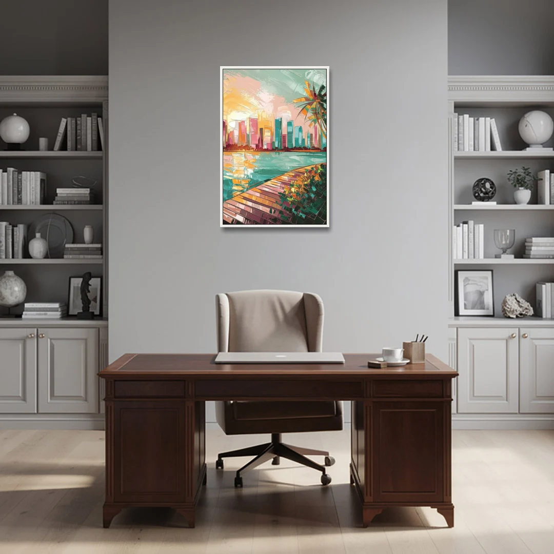 Miami Sunrise Over Water - White Framed Canvas Wall Art - Office - 24x36