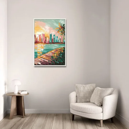 Miami Sunrise Over Water - White Framed Canvas Wall Art - Sofa - 24x36