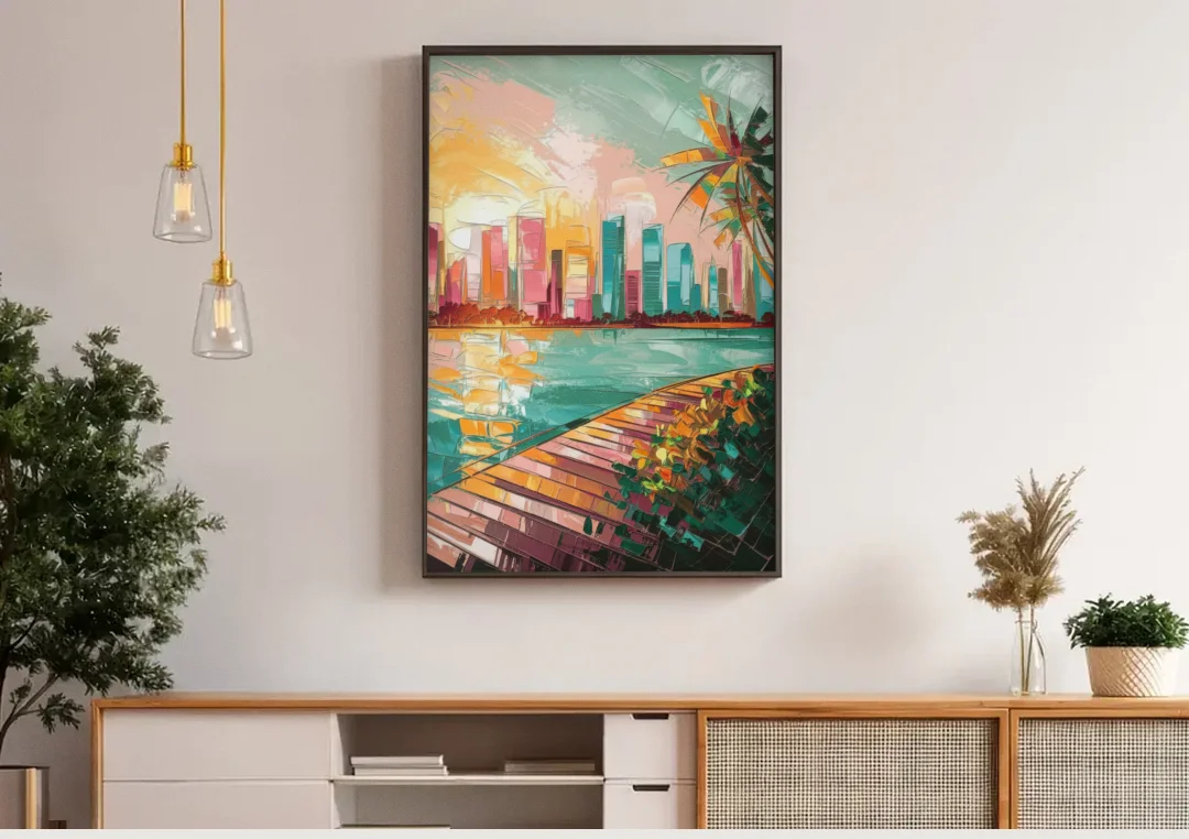 Miami Sunrise Over Water canvas wall art above a wooden sideboard under pendant lights