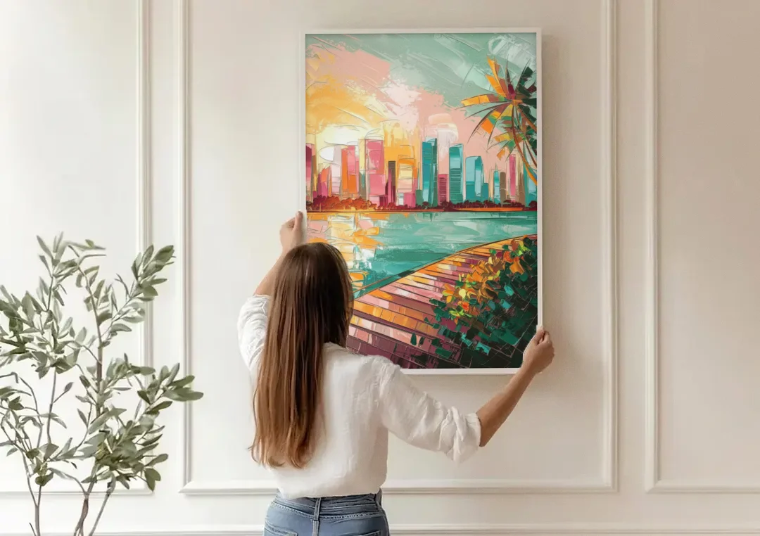 Miami Sunrise Over Water canvas wall art being hung on a paneled wall