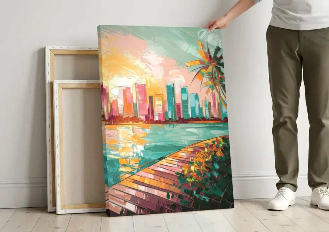 Miami Sunrise Over Water canvas wall art leaning against a wall next to blank canvases